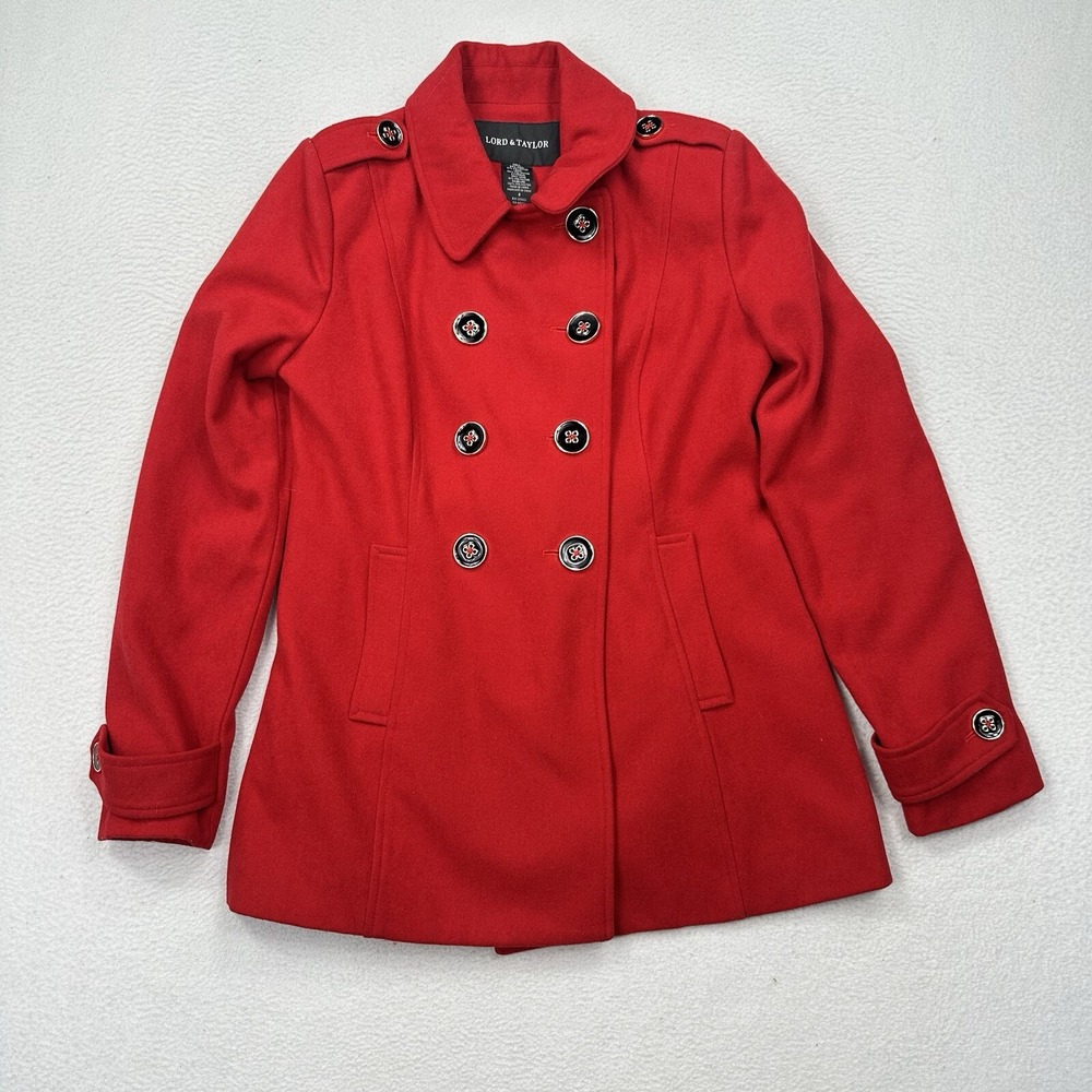 Lord & Taylor Pea Coat Women Size 6 Red Wool Blend Double Breasted Pleated Back